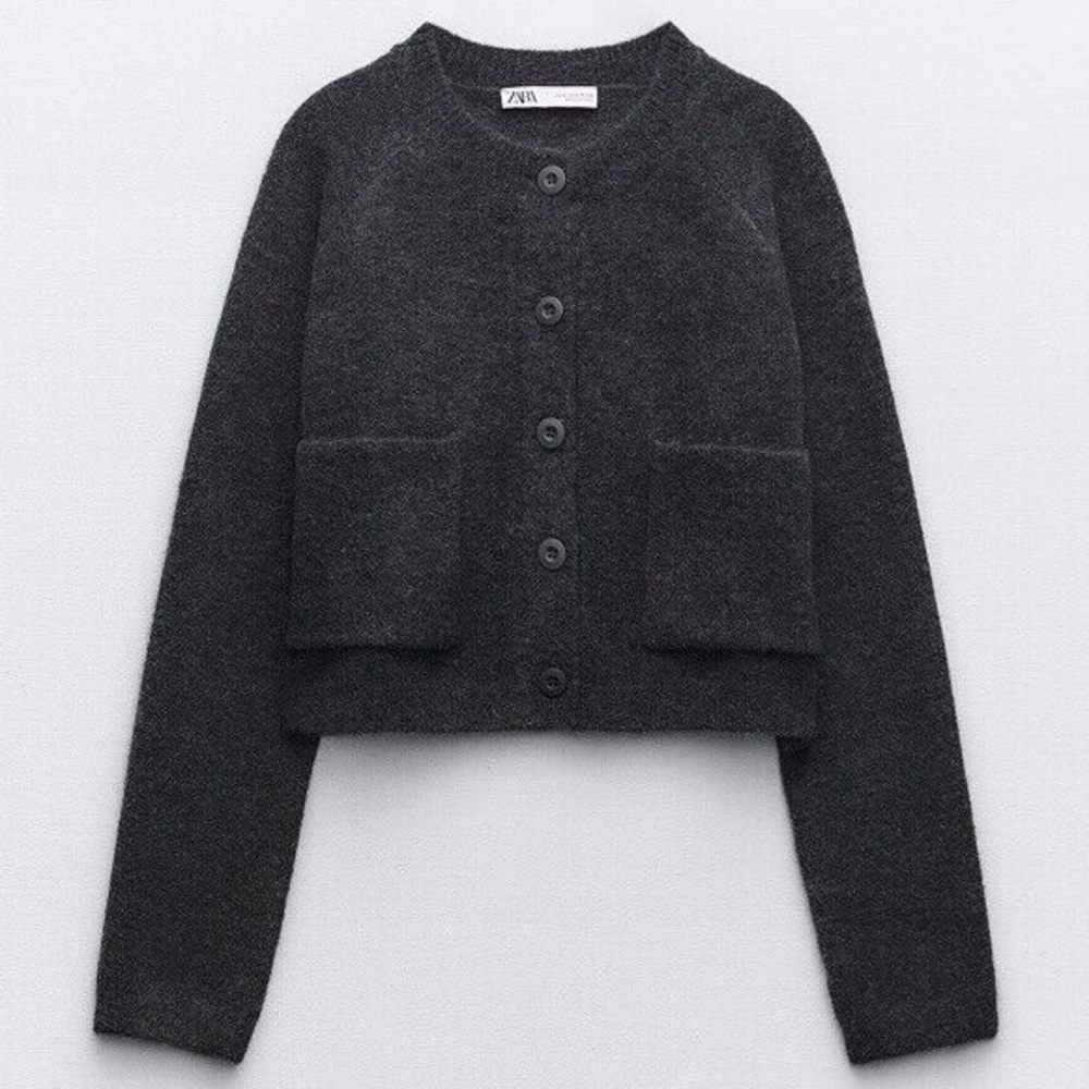 ZARA S grey knit cropped cardigan jumper buttoned wool blend viral boucle pocket